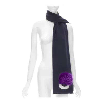 Pre-owned Fendi 100% Wool Navy Blue Signature Monster Eyes Purple Fur Trimmed Scarf