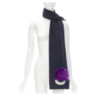 Pre-owned Fendi 100% Wool Navy Blue Signature Monster Eyes Purple Fur Trimmed Scarf