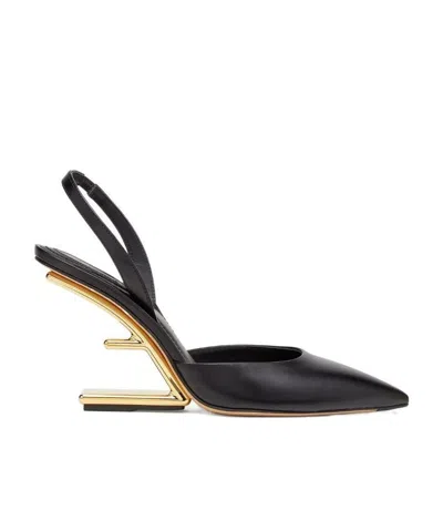 FENDI BLACK LEATHER HIGH-HEELED SLINGBACKS