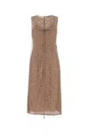 Fendi Women Beige Sleeveless Crewneck Dress With Floral Embroidery In Lace Woman In Brown