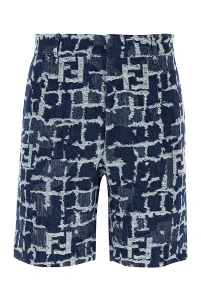 Fendi Ff Jacquard Denim Shorts In Blue