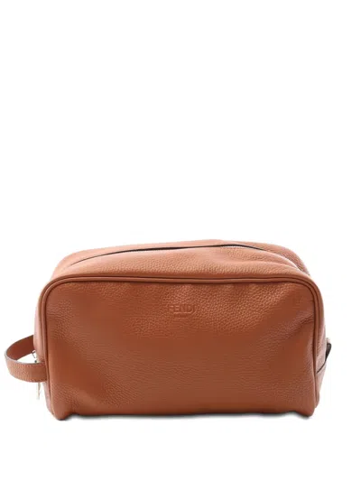 Pre-owned Fendi 10s Second Leather Zip-top Wash Bag In Brown