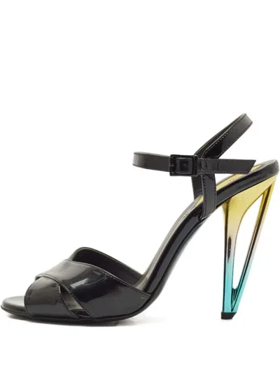 Pre-owned Fendi 110mm Leather Buckle Sculpted-heel Sandals In Black