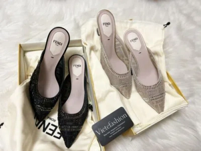 Pre-owned Fendi $1150  Colibri Mesh Medium-heel Sabots With Rhinestone Embroidery In Black