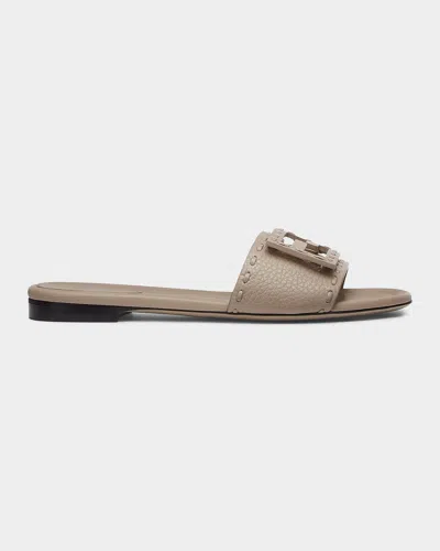 Fendi Baguette Ff Leather Buckle Flat Slide Sandals