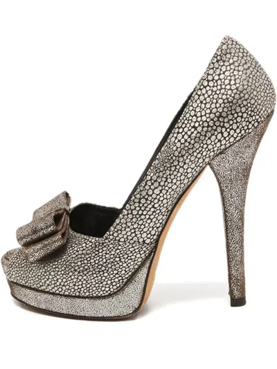 Pre-owned Fendi 140mm Brocade-leather Bow Pumps In Silver
