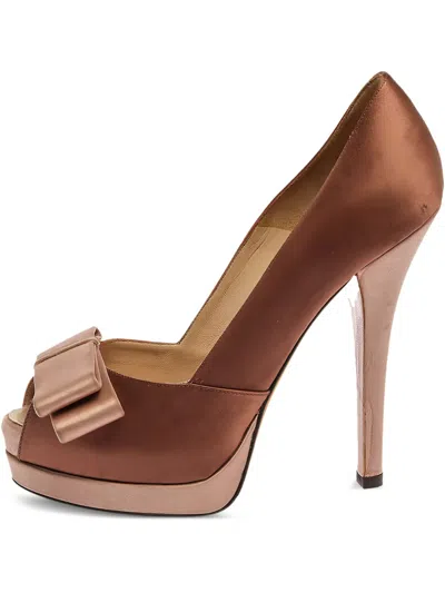 Pre-owned Fendi 145mm Satin Bow Heeled Pumps In Brown