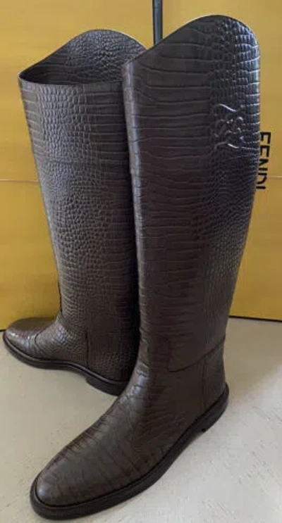 Pre-owned Fendi $1590  Women Croc Embossed Leather Boots Shoes Color Maya 10/40 Eu In Maya ( Dk Brown )