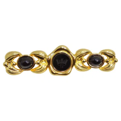 Pre-owned Fendi 1980s Black Ff Glass Gold Tone Brooch