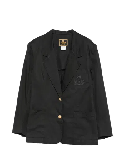 Pre-owned Fendi 1980s Embroidered-logo Blazer In Black