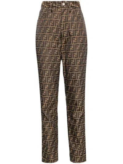 Pre-owned Fendi 1990-2000s Zucca-pattern Tapered Trousers In Brown