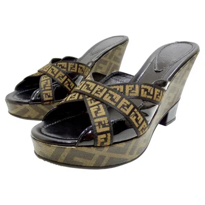 Pre-owned Fendi 1990's Zucca Ff Logo Wedged Mules In Black