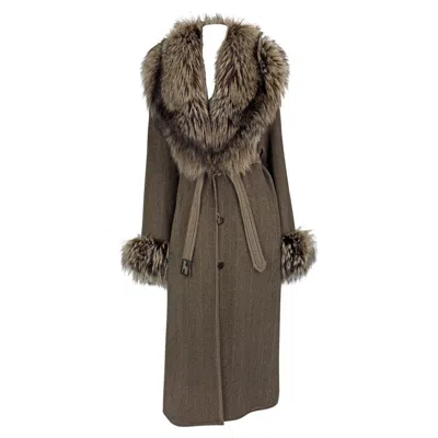 Pre-owned Fendi 1990s  By Karl Lagerfeld Brown Herringbone Ff Logo Fox Fur Trim Coat