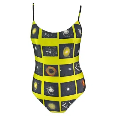Pre-owned Fendi 1990s  By Karl Lagerfeld Logo Galaxy Print Neon Green One-piece Swimsuit