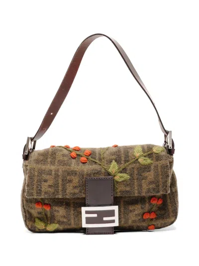 Pre-owned Fendi 1990s Floral Wool Shoulder Bag In Brown