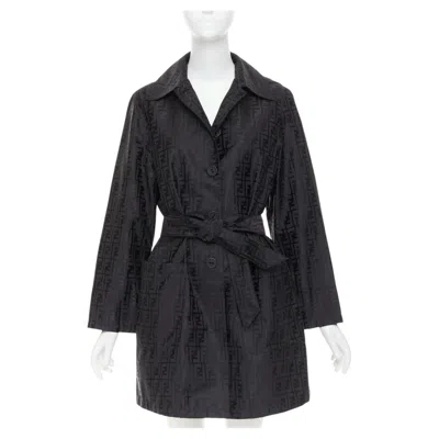Pre-owned Fendi 1990s Vintage Black Cotton Nylon Ff Zucca Monogram Belted Trench Coat It40