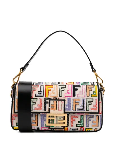 Pre-owned Fendi 2000-2010 Chinese Valentines Day Zucca Embroidered Canvas Baguette Satchel