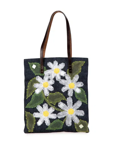Pre-owned Fendi 2000-2010 Denim Floral Applique Tote Bag In Blue
