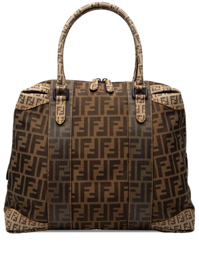Pre-owned Fendi 2000-2010 Large Zucca Canvas Mixed Media Tote Bag In Brown