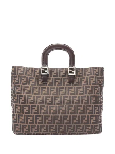 Pre-owned Fendi 2000-2010 Large Zucca Canvas Twins Tote Bag In Brown