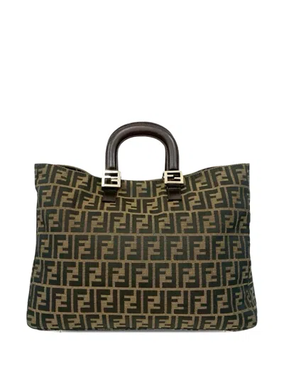 Pre-owned Fendi 2000-2010 Large Zucca Canvas Twins Tote Bag In Brown