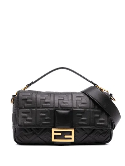 Pre-owned Fendi 2000-2010 Large Zucca Embossed Leather Baguette Satchel In Black
