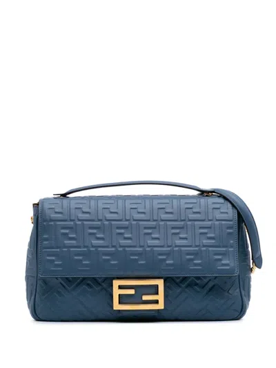 Pre-owned Fendi 2000-2010 Large Zucca Embossed Leather Baguette Shoulder Bag In Blue