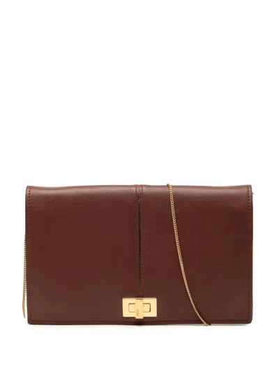 Pre-owned Fendi 2000-2010 Leather Peekaboo Chain Clutch Crossbody Bag In Brown