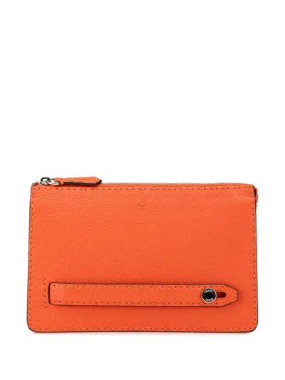 Pre-owned Fendi 2000-2010 Leather Selleria Clutch Bag In Orange