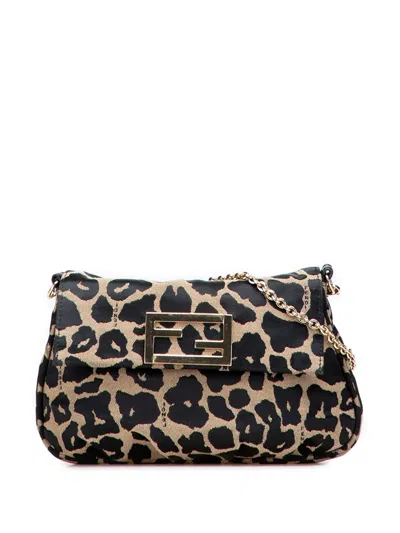 Pre-owned Fendi 2000-2010 Leopard Print Canvas Sta Pochette Crossbody Bag In Brown