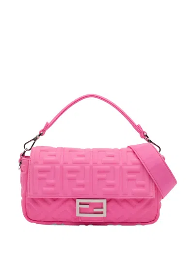 Pre-owned Fendi 2000-2010 Medium Embossed Lycra Baguette Satchel In Pink