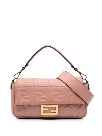Pre-owned Fendi 2000-2010 Medium Leather Embossed Ff Baguette Satchel In Pink