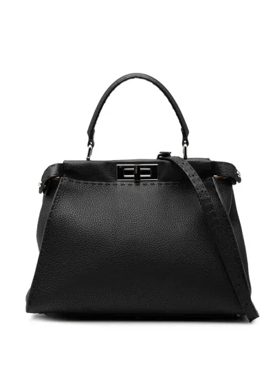 Pre-owned Fendi 2000-2010 Medium Leather Peekaboo Selleria Satchel In Black