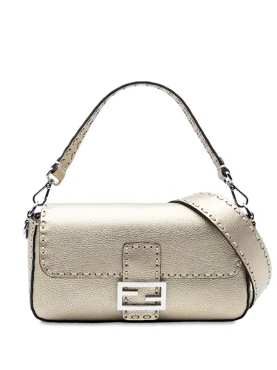 Pre-owned Fendi 2000-2010 Medium Leather Selleria Baguette Satchel In Gold