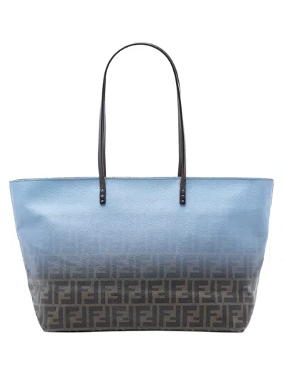 Pre-owned Fendi 2000-2010 Medium Ombre Zucca Spalmati Roll Tote Bag In Blue