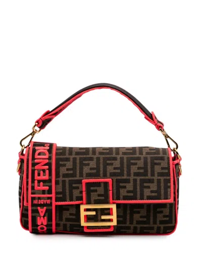 Pre-owned Fendi 2000-2010 Medium Zucca Canvas Fluo Trim Baguette Satchel In Brown