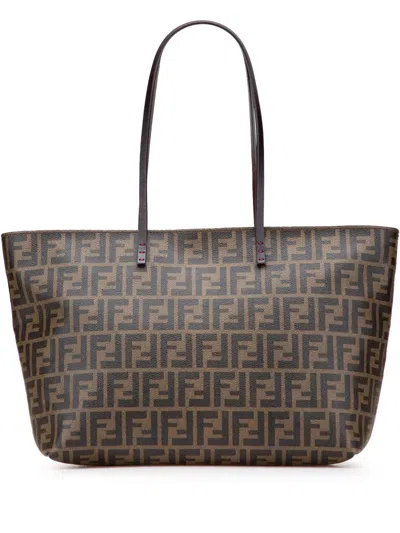Pre-owned Fendi 2000-2010 Medium Zucca Coated Canvas Roll Tote Bag In Brown