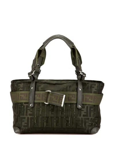 Pre-owned Fendi 2000-2010 Medium Zucca Nylon Zip Code Handbag In Green