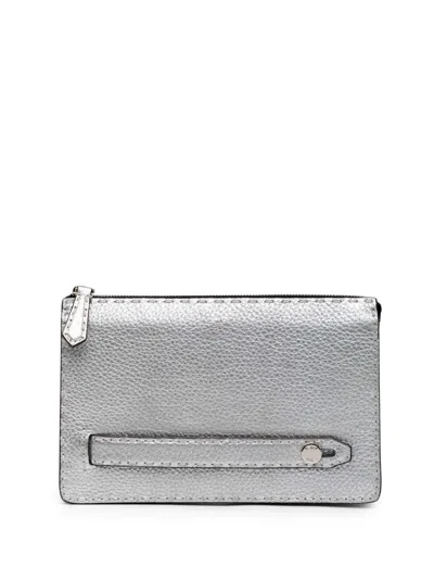 Pre-owned Fendi 2000-2010 Metallic Leather Selleria Clutch Bag In Silver