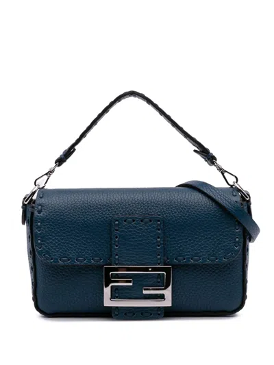 Pre-owned Fendi 2000-2010 Mini Leather Selleria Baguette Satchel In Blue