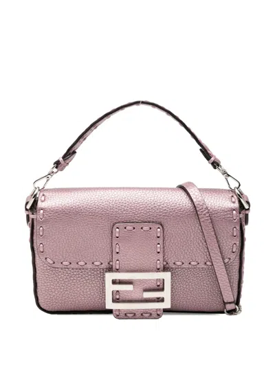 Pre-owned Fendi 2000-2010 Mini Metallic Leather Selleria Baguette Satchel In Pink