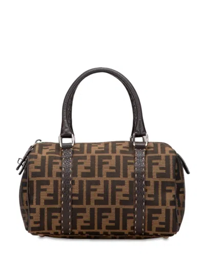 Pre-owned Fendi 2000-2010 Mini Zucca Canvas Selleria Boston Bag In Brown