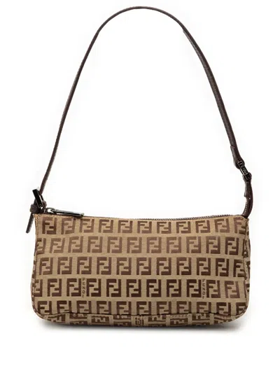 Pre-owned Fendi 2000-2010 Mini Zucchino Canvas Shoulder Bag In Brown