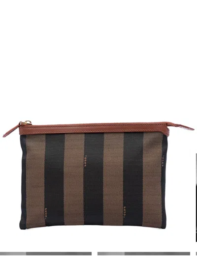 Pre-owned Fendi 2000-2010 Pequin Canvas Clutch Bag In Brown