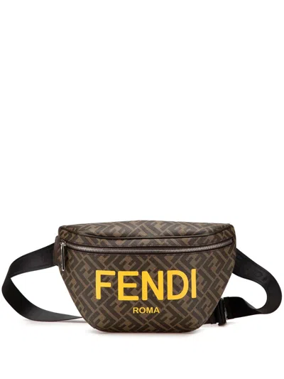 Pre-owned Fendi 2000-2010 Shiny Glazed Fabric Vitello Cover Ff 1974 Logo Belt Bag In Brown