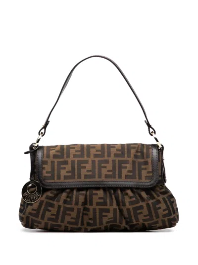 Pre-owned Fendi 2000-2010 Small Zucca Canvas Chef Flap Shoulder Bag In Brown