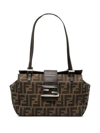 Pre-owned Fendi 2000-2010 Zucca Canvas Bento Box Shoulder Bag In Brown
