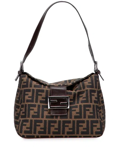 Pre-owned Fendi 2000-2010 Zucca Canvas Double Flap Mamma Shoulder Bag In Brown