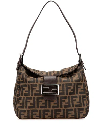 Pre-owned Fendi 2000-2010 Zucca Canvas Double Flap Shoulder Bag In Brown