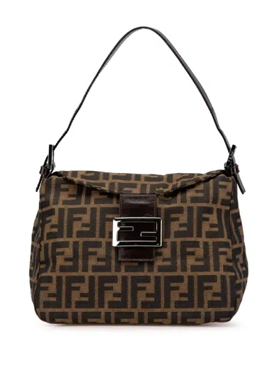 Pre-owned Fendi 2000-2010 Zucca Canvas Double Flap Shoulder Bag In Brown